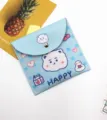 Detail view of cute blue puppy storage bag with Happy print and silver snap button - Bear Print / Blue