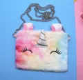 Cute rainbow plush unicorn crossbody bag for kids with silver horn and chain strap - Square Colorful
