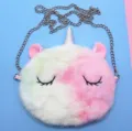 Close-up view of the cute plush unicorn crossbody bag with a metal chain strap - Round Rainbow