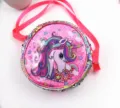 Close-up of pink sequin unicorn crossbody bag with colorful rainbow and glitter details. - Rose Red