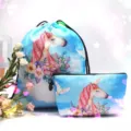 A set of blue 3D unicorn print polyester drawstring bag and matching zippered makeup pouch - Two-Piece Set / Blue With Single Unicorn