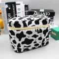 Large capacity cow print makeup bag with handle and cute smiley face design - Cosmetic Bag - Cow Print