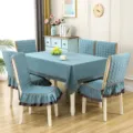 Blue quilted fabric dining table cloth and chair cover set with ruffles for home - 1 Chair Cover / Linen Green