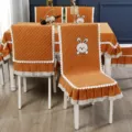 Integrated orange velvet dining chair cover with cute rabbit embroidery and lace trim - Cute Rabbit Orange