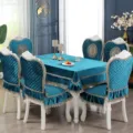Detail of elegant peacock blue velvet chair covers with lace ruffles and matching tablecloth - 1 Chair Cover / Versailles European Style Blue