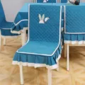 Blue thickened quilted velvet one-piece dining chair cover with cute rabbit embroidery detail - Rabbit Blue