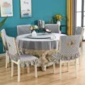 Elegante graue gesteppte runde Tischdecke und passende Stuhlbezüge mit Schwanen-Stickerei - 4er-Pack Stuhlbezüge / Samt Grau
