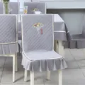 Detailed embroidery of fan motif on gray quilted chair cover set with ruffles - Good Fortune Grey