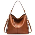 Full view detail of a classic brown retro hobo shoulder bag with elegant gold hardware - Brown