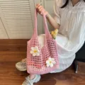 Elegante bolso de malla rosa con flores blancas para vacaciones de verano en playa - Rosa