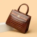 Brown crocodile embossed handbag with vintage gold lock for women - Yellow