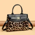 Retro leopard print and crocodile embossed handbag with elegant gold floral lock - Leopard Print