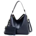 Vintage dark blue hobo tote bag and pouch set with textured faux leather - Blue Bag Set
