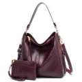Bolso hobo retro burdeos de cuero con estuche a juego, conjunto de 2 piezas para mujer - Bolsos 2 en 1 rojo purpúreo