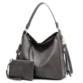 Vintage dark grey faux leather hobo bag set with matching pouch and gold hardware - Grey Composite Bag Set