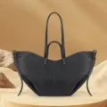 Premium black pleated leather tote bag with large capacity and unique wing-shaped design - Black