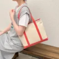 Large casual off-white canvas tote bag with red trim and shoulder straps for women - Watermelon red