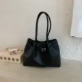 Sac cabas noir minimaliste en cuir souple avec boucle de ceinture plissée pour femmes - Sac Seul / Noir
