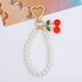 Sweet cherry pendant and white pearl bead keychain charm with golden heart clasp - Gold Red Cherry