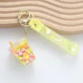 Cute yellow bubble tea keychain with pastel beads and 'wish' strap - Liquid Milk Tea Cup / Yellow