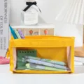 Detail view of large capacity yellow mesh pencil case with transparent window - Yellow
