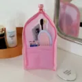 Pink mesh travel storage bag for toothbrush and toiletries with zipper - Pink