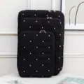 Close-up of three black quilted laptop sleeves with white embroidered polka dots in various sizes - Black / 11"