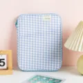 Blue and white gingham tablet sleeve main image showcasing trendy aesthetic laptop pouch design. - 11" / Blue White Gingham