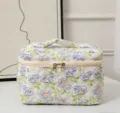 Large capacity quilted floral cosmetic bag with top handle for travel makeup storage - 25*16*16cm / Blue Flowers with Green Leaves