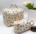Gestepptes Baumwoll-Kosmetiktaschen-Set mit Blumen- und Bärenmuster für Make-up - Aufbewahrungstasche für Damenbinden / Blumen Bär