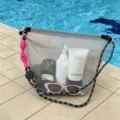 Grey mesh waterproof beach bag with pink accents and cord strap for swimming - L / Black and White Pattern Lanyard / Gray