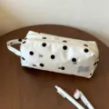 Large capacity white canvas pencil pouch with black polka dots and double zippers - Handheld Pencil Case / 20x7x9cm