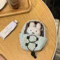 Light blue polka dot mini backpack doll display bag with white rabbit plush charm. - Mint Green / 13x11x4cm
