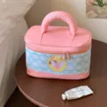 Koreanische Kosmetiktasche in Pink und Blau kariert mit JOLLY-Griff und süßer Illustration - Rosa Hund (23*13*14cm)