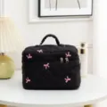 Quilted black makeup bag with pink bow embroidery details and large storage capacity - 23*16*16cm / Black