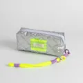 Detail view of silver quilted pencil case with neon green ruffle and colorful rope - Quilted / 20*7*8cm / Silver Neon Green Rhombus
