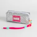 Detail of a silver quilted stationery pouch with a vibrant pink and orange braided handle - Quilted / 20*7*8cm / Silver Magenta Rhombus