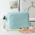 Large blue striped seersucker cosmetic bag organizer with makeup brushes on a tray - 22*9*15cm / Lake Blue