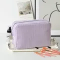 Large capacity purple striped seersucker cosmetic bag displayed with makeup brushes - 22*9*15cm / Purple