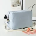 Blue and white striped seersucker cosmetic bag with makeup brushes on a tray - 22*9*15cm / Light Blue