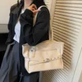 Vintage soft leather large capacity tote bag in cream white for women - Off White
