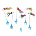 Set di sei giocattoli a molla piumati colorati con basi blu per il gioco dei gatti. - Topolino con piume singolo (colori misti casuali)