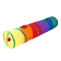 Detailed view of the colorful rainbow cat tunnel with dangling ball toy. - Rainbow / Rainbow Long Straight