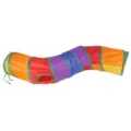 Side view of a long colorful rainbow cat tunnel featuring a peek-a-boo window opening - Rainbow / S-Shaped Rainbow Tunnel