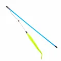 Detail view of a cat teaser wand with a blue rod and neon green caterpillar lure - Yellow
