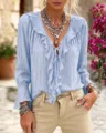 Light blue V-neck long sleeve blouse with ruffles and tie string details for women. - Light Blue
