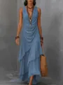 Vestido largo de vacaciones de gasa sin mangas cuello V asimétrico con volantes estilo. - S / Azul claro