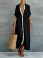 Elegant contrast color-block linen shirt dress featuring front placket and stylish maxi length. - S / Black