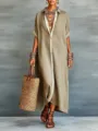 Detailed shot of women's khaki cotton linen shirt dress with contrast trim, elegant styling. - S / Army Green