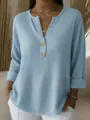Casual long sleeve waffle knit V-button top in light blue for women comfort style daily wear. - S / Sky Blue